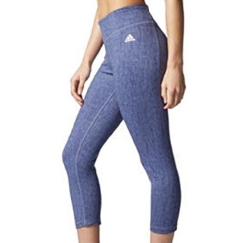 ADIDAS CLIMALITE Blue STUDIO MID RISE 3/4 Denim Print Crop Capri Leggings, Large